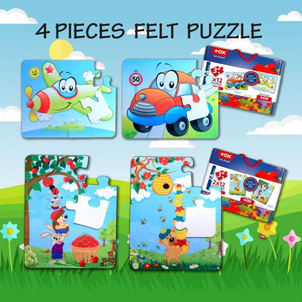 4 Set - 48 Parça Tox Uçak, Araba ve Elmacı Ayı 3+ Keçe Yapboz - 3 Yaş Puzzle T044 T004 - 7