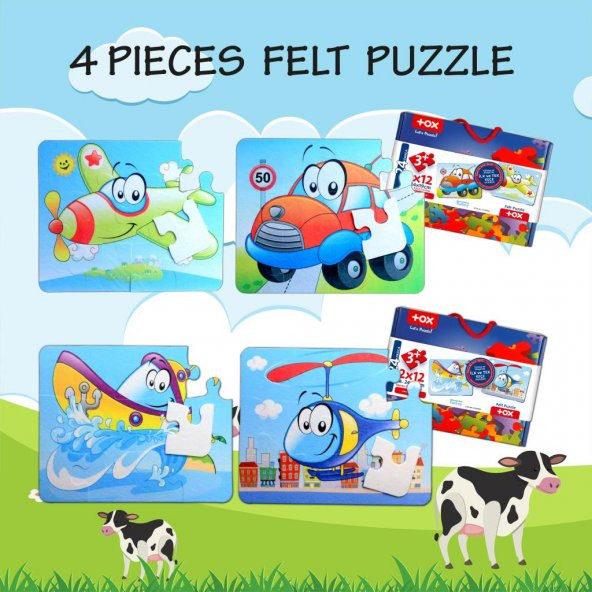 4 Set - 48 Parça Tox Uçak, Araba, Tekne ve Helikopter 3+ Keçe Yapboz - 3 Yaş Puzzle T004 T005 - 7