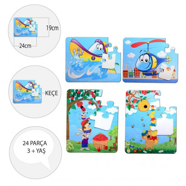 4 Set - 48 Parça Tox Tekne , Helikopter ve Elmacı Ayı 3+ Keçe Yapboz - 3 Yaş Puzzle T044 T005 - 4