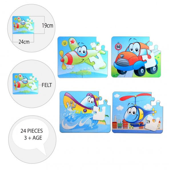 4 Set - 48 Parça Tox Uçak, Araba, Tekne ve Helikopter 3+ Keçe Yapboz - 3 Yaş Puzzle T004 T005 - 9