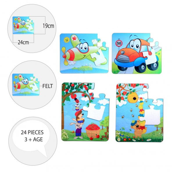4 Set - 48 Parça Tox Uçak, Araba ve Elmacı Ayı 3+ Keçe Yapboz - 3 Yaş Puzzle T044 T004 - 9
