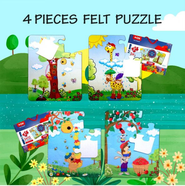 4 Set - 48 Parça Tox Zurafa ve Elmacı Ayı 3+ Keçe Yapboz - 3 Yaş Puzzle T044 T043 - 7
