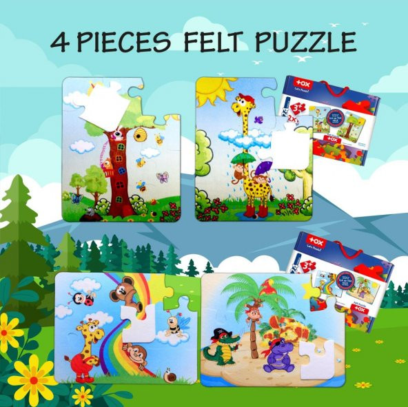 4 Set - 48 Parça Tox Gökkuşağı ve Zürafa 3+ Keçe Yapboz - 3 Yaş Puzzle T043 T042 - 7