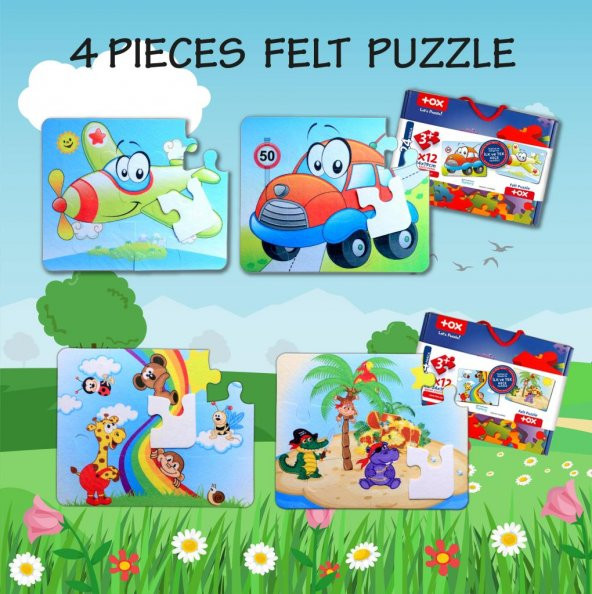 4 Set - 48 Parça Tox Uçak, Araba ve Gökkuşağı 3+ Keçe Yapboz - 3 Yaş Puzzle T004 T042 - 7