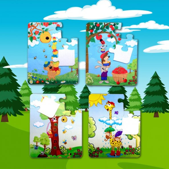 4 Set - 48 Parça Tox Zurafa ve Elmacı Ayı 3+ Keçe Yapboz - 3 Yaş Puzzle T044 T043 - 10