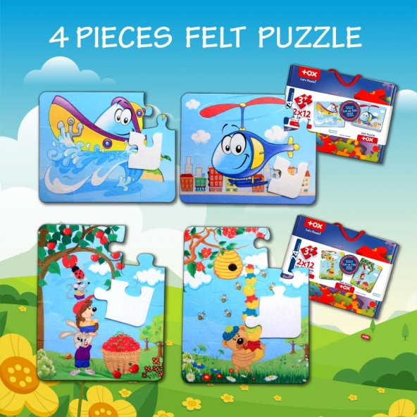 4 Set - 48 Parça Tox Tekne , Helikopter ve Elmacı Ayı 3+ Keçe Yapboz - 3 Yaş Puzzle T044 T005 - 7