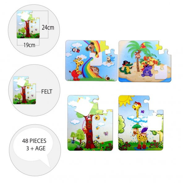 4 Set - 48 Parça Tox Gökkuşağı ve Zürafa 3+ Keçe Yapboz - 3 Yaş Puzzle T043 T042 - 9