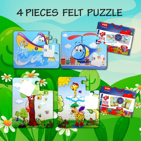 4 Set - 48 Parça Tox Tekne , Helikopter ve Zürafa 3+ Keçe Yapboz - 3 Yaş Puzzle T043 T005 - 6