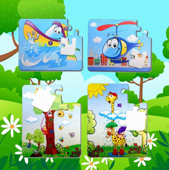 4 Set - 48 Parça Tox Tekne , Helikopter ve Zürafa 3+ Keçe Yapboz - 3 Yaş Puzzle T043 T005 - 9