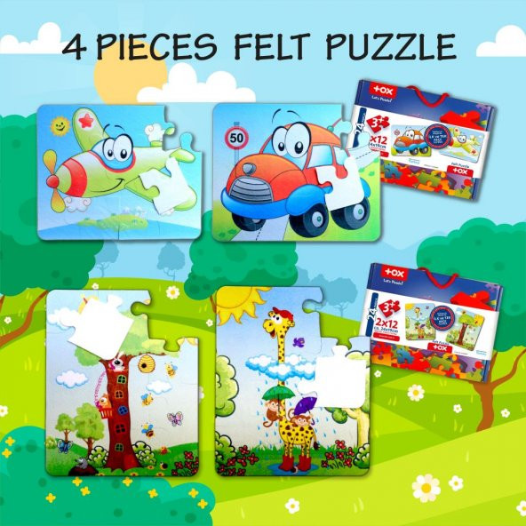 4 Set - 48 Parça Tox Uçak, Araba ve Zürafa 3+ Keçe Yapboz - 3 Yaş Puzzle T004 T043 - 7