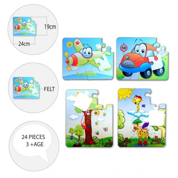 4 Set - 48 Parça Tox Uçak, Araba ve Zürafa 3+ Keçe Yapboz - 3 Yaş Puzzle T004 T043 - 9