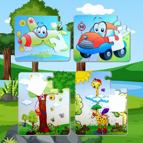 4 Set - 48 Parça Tox Uçak, Araba ve Zürafa 3+ Keçe Yapboz - 3 Yaş Puzzle T004 T043 - 10
