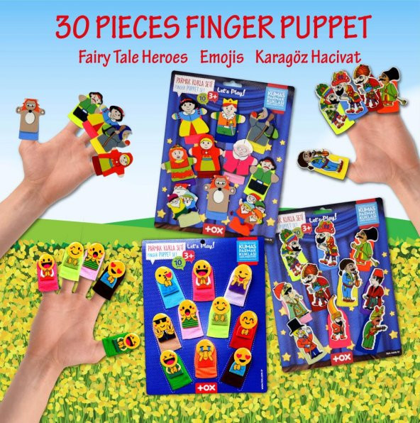 3 Set - 30 Parça Tox Masal Kahramanları, Karagöz Hacivat ve Emojiler Parmak Kukla T225 T106 T224 - 7