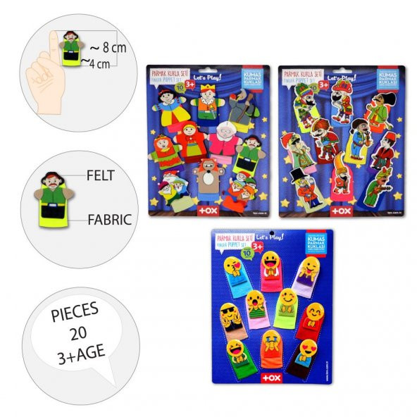 3 Set - 30 Parça Tox Masal Kahramanları, Karagöz Hacivat ve Emojiler Parmak Kukla T225 T106 T224 - 8