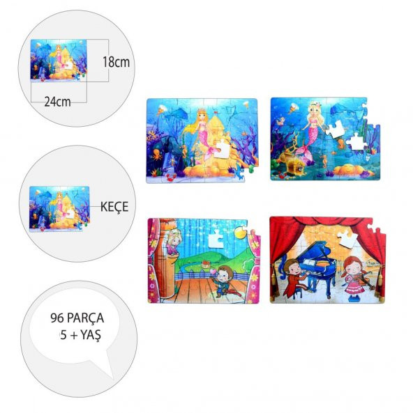 4 Set - 96 Parça Tox Deniz Kızı ve Sahne 5+ Keçe Yapboz - 5 Yaş Puzzle T041 T019 - 4