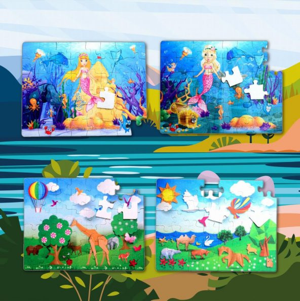 4 Set - 96 Parça Tox Origami ve Deniz Kızı 5+ Keçe Yapboz - 5 Yaş Puzzle T041 T018 - 5