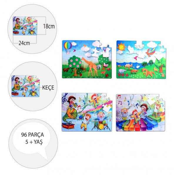 4 Set - 96 Parça Tox Origami ve Müzik 5+ Keçe Yapboz - 5 Yaş Puzzle T016 T019 - 4
