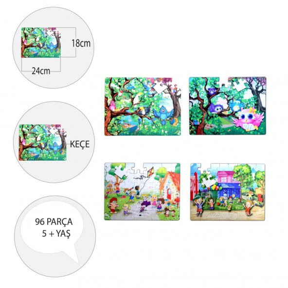 4 Set - 96 Parça Tox Baykuş ve Oyun Parkı 5+ Keçe Yapboz - 5 Yaş Puzzle T040 T017 - 4