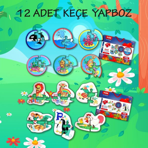 12 Set - 42 Parça Tox Deniz Canlıları ve Hayvanlar 2+ Keçe Yapboz - 2 Yaş Puzzle T001 T003 - 2
