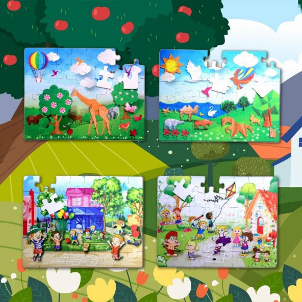4 Set - 96 Parça Tox Origami ve Oyun Parkı 5+ Keçe Yapboz - 5 Yaş Puzzle T018 T040 - 10
