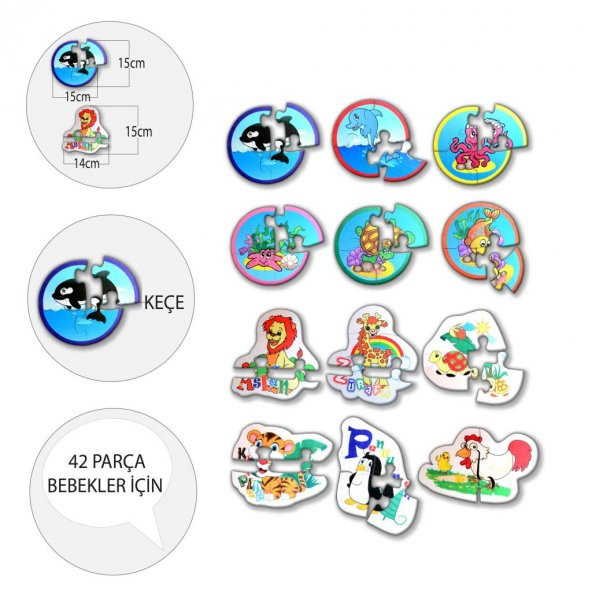 12 Set - 42 Parça Tox Deniz Canlıları ve Hayvanlar 2+ Keçe Yapboz - 2 Yaş Puzzle T001 T003 - 4