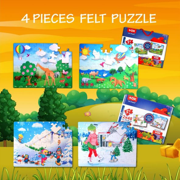 4 Set - 96 Parça Tox Kış ve Origami 5+ Keçe Yapboz - 5 Yaş Puzzle T018 T014 - 7