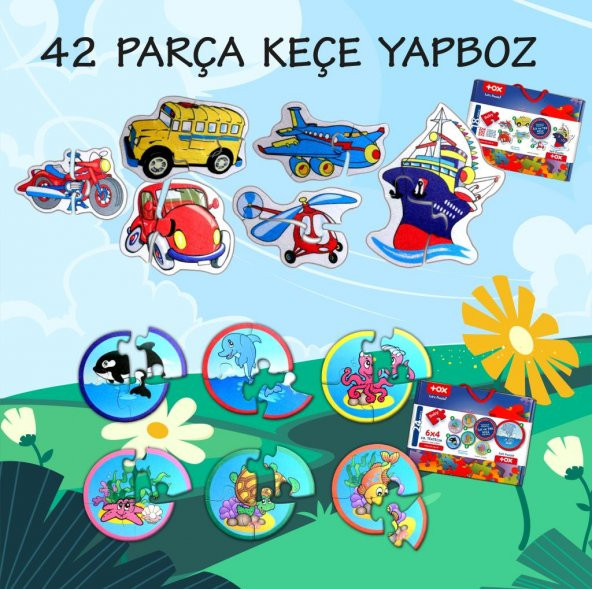 12 Set - 42 Parça Tox Deniz Canlıları ve Ulaşım Araçları 2+ Keçe Yapboz - 2 Yaş Puzzle T001 T002 - 2