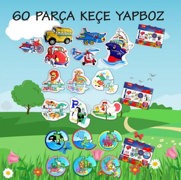 18 Set - 60 Parça Tox Hayvanlar, Deniz Canlıları ve Ulaşım Araçları 2+ Keçe Yapboz - 2 Yaş Puzzle T001 T002 T003 - 2