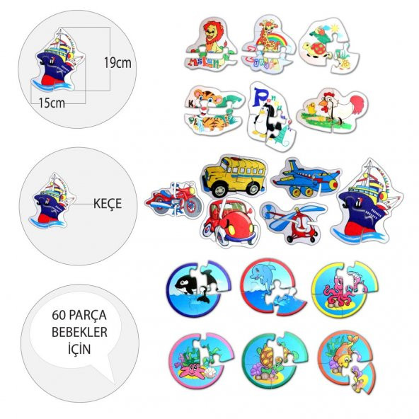 18 Set - 60 Parça Tox Hayvanlar, Deniz Canlıları ve Ulaşım Araçları 2+ Keçe Yapboz - 2 Yaş Puzzle T001 T002 T003 - 4