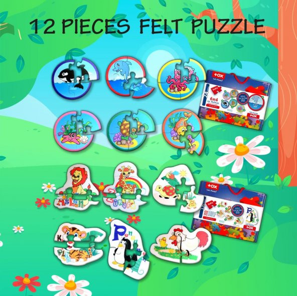 12 Set - 42 Parça Tox Deniz Canlıları ve Hayvanlar 2+ Keçe Yapboz - 2 Yaş Puzzle T001 T003 - 7