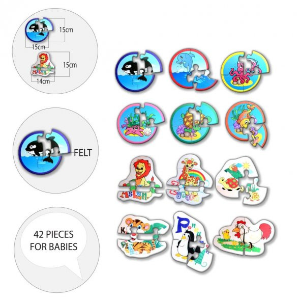 12 Set - 42 Parça Tox Deniz Canlıları ve Hayvanlar 2+ Keçe Yapboz - 2 Yaş Puzzle T001 T003 - 9