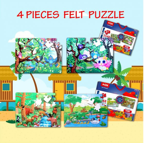 4 Set - 96 Parça Tox Orman ve Baykuş 5+ Keçe Yapboz - 5 Yaş Puzzle T015 T017 - 7