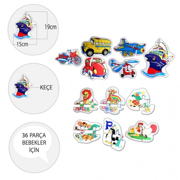 12 Set - 36 Parça Tox Hayvanlar ve Ulaşım Araçları 2+ Keçe Yapboz - 2 Yaş Puzzle T003 T002 - 4