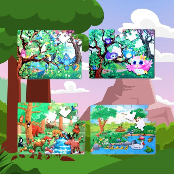 4 Set - 96 Parça Tox Orman ve Baykuş 5+ Keçe Yapboz - 5 Yaş Puzzle T015 T017 - 10