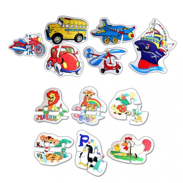 12 Set - 36 Parça Tox Hayvanlar ve Ulaşım Araçları 2+ Keçe Yapboz - 2 Yaş Puzzle T003 T002 - 6