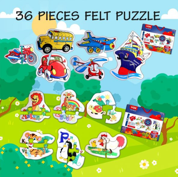 12 Set - 36 Parça Tox Hayvanlar ve Ulaşım Araçları 2+ Keçe Yapboz - 2 Yaş Puzzle T003 T002 - 7
