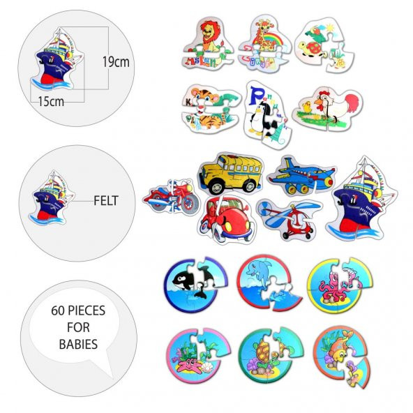 18 Set - 60 Parça Tox Hayvanlar, Deniz Canlıları ve Ulaşım Araçları 2+ Keçe Yapboz - 2 Yaş Puzzle T001 T002 T003 - 9