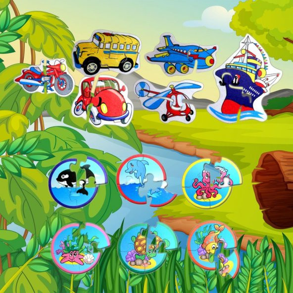 12 Set - 42 Parça Tox Deniz Canlıları ve Ulaşım Araçları 2+ Keçe Yapboz - 2 Yaş Puzzle T001 T002 - 5