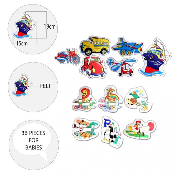 12 Set - 36 Parça Tox Hayvanlar ve Ulaşım Araçları 2+ Keçe Yapboz - 2 Yaş Puzzle T003 T002 - 9