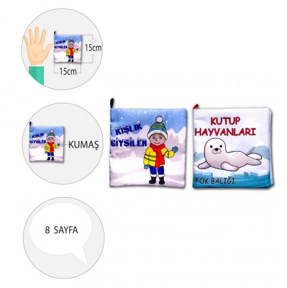 2 Kitap Tox Kutup Hayvanları ve Kışlık Giysiler Kumaş Sessiz Kitap T056 T052 - Bez Kitap , Eğitici Oyuncak , Yumuşak ve Hışırtılı - 4