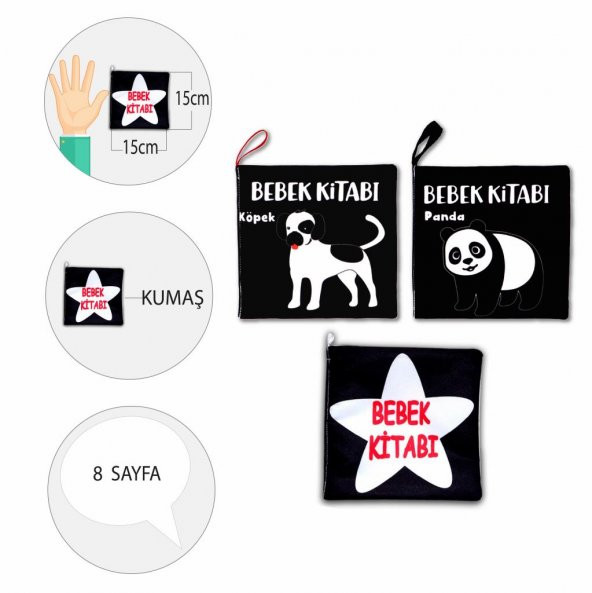 3 Kitap Tox Siyah-Beyaz Evcil, Vahşi Hayvanlar ve Bebek Kumaş Sessiz Kitap T060 T137 T138 - Bez Kitap , Eğitici Oyuncak , Yumuşak ve Hışırtılı - 4