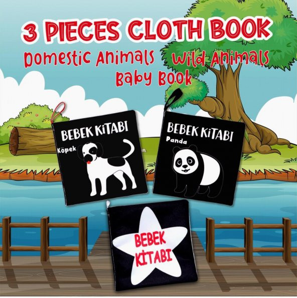 3 Kitap Tox Siyah-Beyaz Evcil, Vahşi Hayvanlar ve Bebek Kumaş Sessiz Kitap T060 T137 T138 - Bez Kitap , Eğitici Oyuncak , Yumuşak ve Hışırtılı - 7