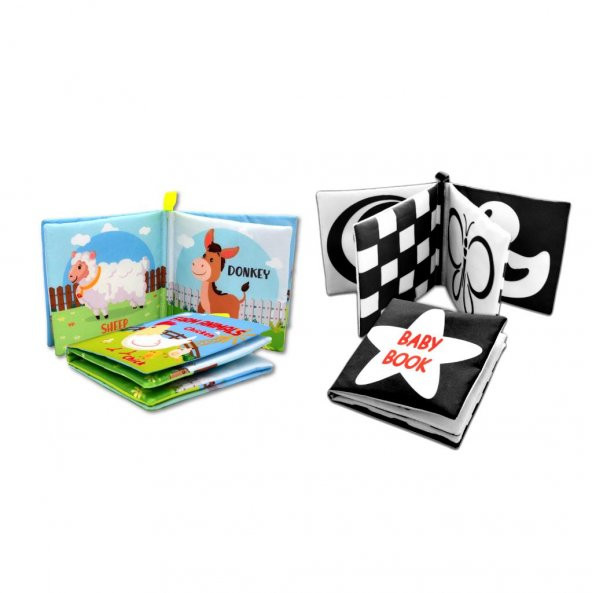 2 Kitap Tox İngilizce Çiftlik Hayvanları ve Siyah-Beyaz Bebek Kumaş Sessiz Kitap E136 E119 - Bez Kitap , Eğitici Oyuncak , Yumuşak ve Hışırtılı - 8