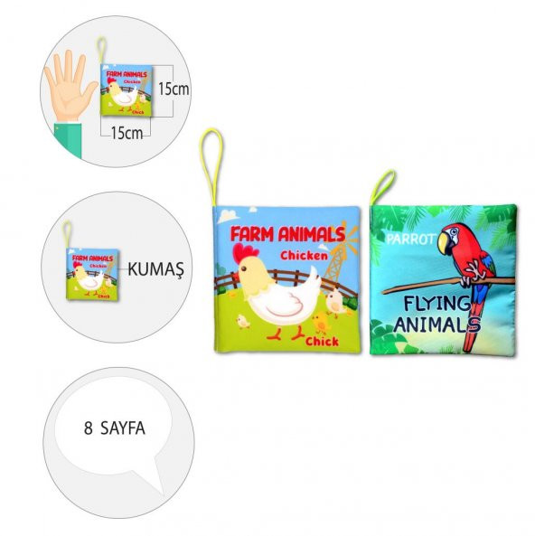 2 Kitap Tox İngilizce Çiftlik Hayvanları ve Uçan Hayvanlar Kumaş Sessiz Kitap E119 E139 - Bez Kitap , Eğitici Oyuncak , Yumuşak ve Hışırtılı - Resim 4