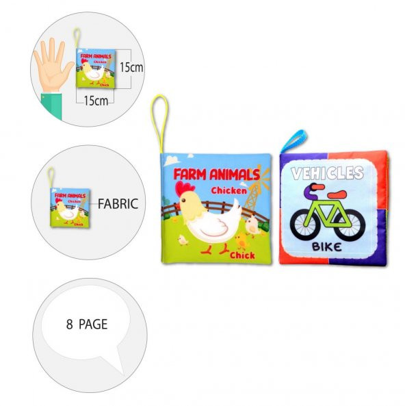 2 Kitap Tox İngilizce Çiftlik Hayvanları ve Taşıtlar Kumaş Sessiz Kitap E119 E132 - Bez Kitap , Eğitici Oyuncak , Yumuşak ve Hışırtılı - Resim 9