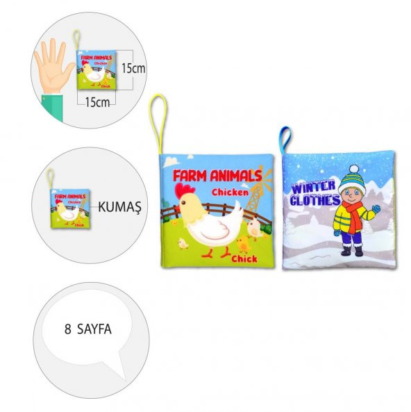 2 Kitap Tox İngilizce Çiftlik Hayvanları ve Kışlık Giysiler Kumaş Sessiz Kitap E124 E119 - Bez Kitap , Eğitici Oyuncak , Yumuşak ve Hışırtılı - 4