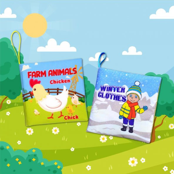 2 Kitap Tox İngilizce Çiftlik Hayvanları ve Kışlık Giysiler Kumaş Sessiz Kitap E124 E119 - Bez Kitap , Eğitici Oyuncak , Yumuşak ve Hışırtılı - 5