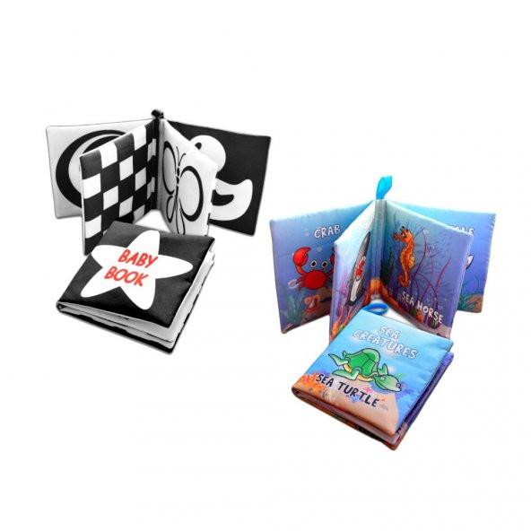 2 Kitap Tox İngilizce Siyah-Beyaz Bebek ve Deniz Canlıları Kumaş Sessiz Kitap E136 E122 - Bez Kitap , Eğitici Oyuncak , Yumuşak ve Hışırtılı - 3