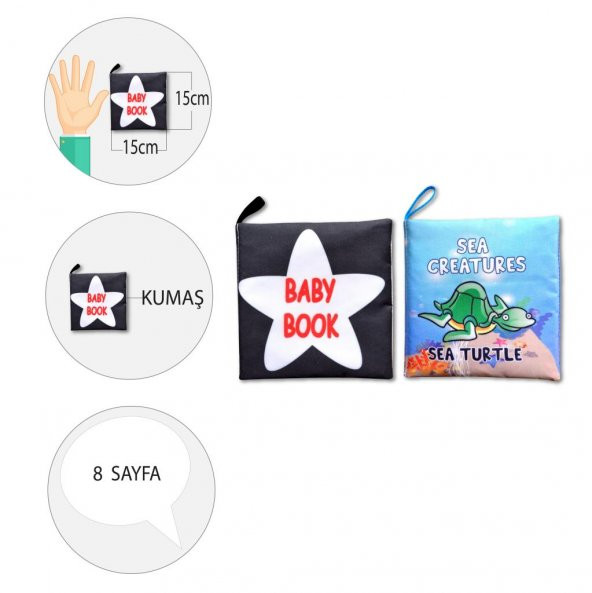 2 Kitap Tox İngilizce Siyah-Beyaz Bebek ve Deniz Canlıları Kumaş Sessiz Kitap E136 E122 - Bez Kitap , Eğitici Oyuncak , Yumuşak ve Hışırtılı - 4