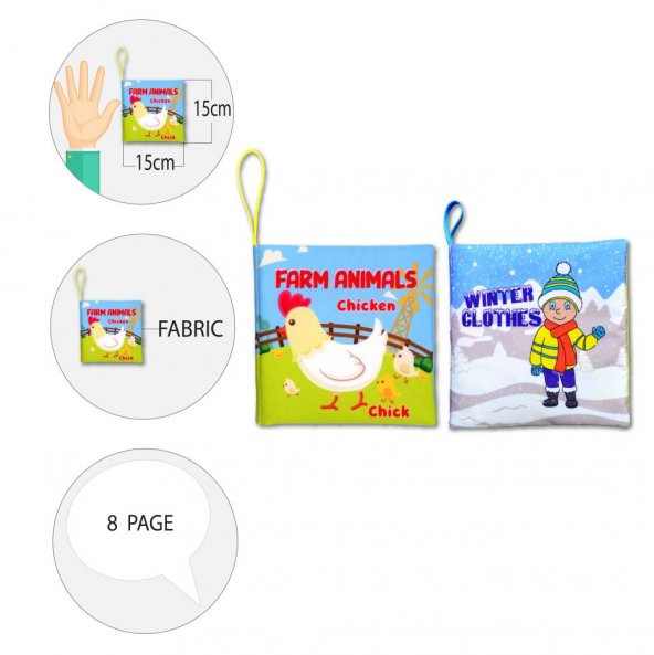 2 Kitap Tox İngilizce Çiftlik Hayvanları ve Kışlık Giysiler Kumaş Sessiz Kitap E124 E119 - Bez Kitap , Eğitici Oyuncak , Yumuşak ve Hışırtılı - 9